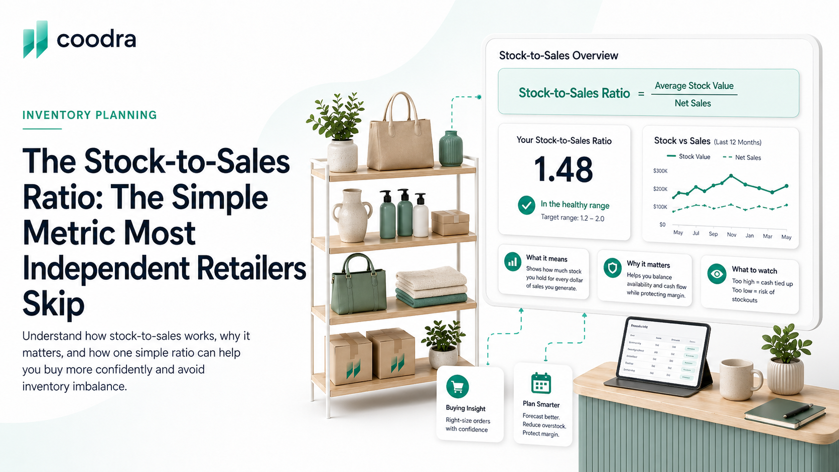 Stock-to-sales ratio guide for independent retailers showing healthy, caution, and danger zones