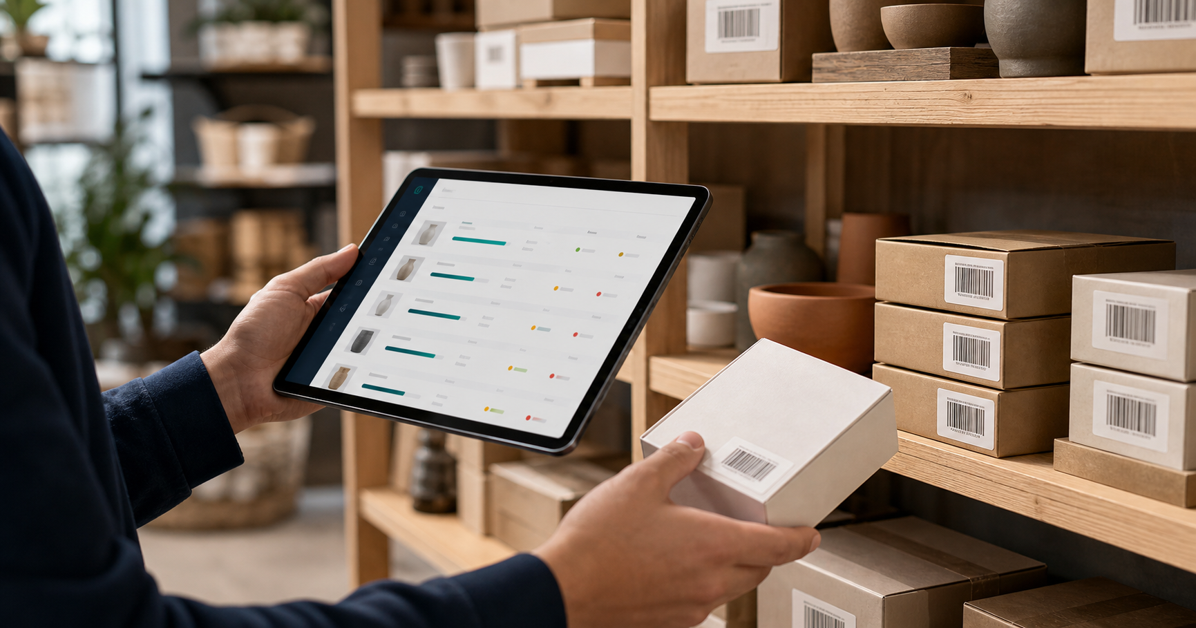 Retail operator reviewing inventory data on a tablet while checking store stock